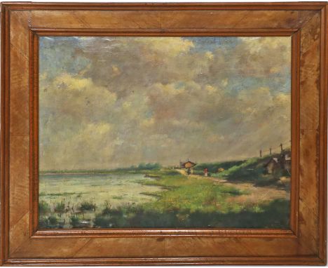 Unbekannter Maler (um 1924) Küstenlandschaft mit Gebäude. Öl/Lwd., re. u. unleserlich sign. und dat. (1)924. Ca. 55x 70 cm. R