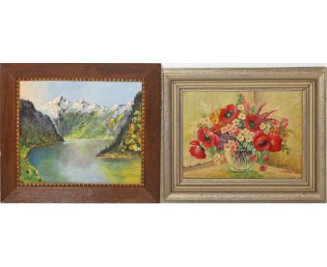 2 Ölbilder (20. Jh.) a) Königssee. Szemerey. Öl/Karton, li. u. sign, und dat. 1942. Ca. 36x 41 cm und b) Blumenstillleben. Un
