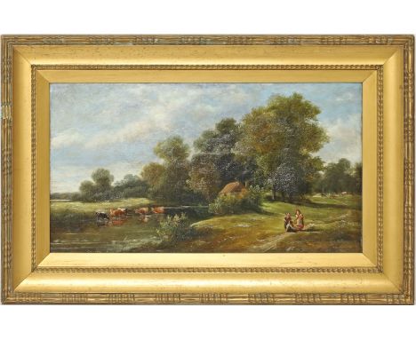 Unbekannter Maler (19. Jh.) Sommerlandschaft mit Kühen in einem Gewässer, Hütte und Personen. Öl/Lwd., re. u. unleserlich sig