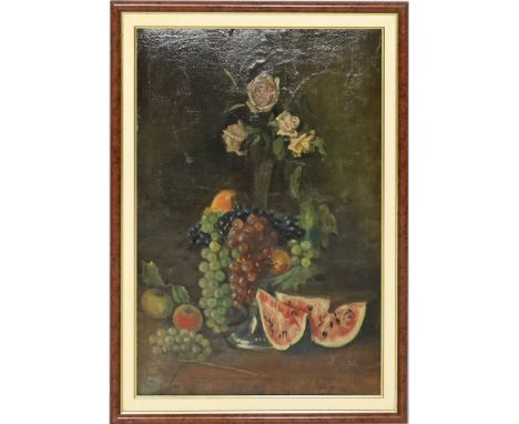 Unbekannter Maler (um 1900) Stillleben mit Obst und Rosen. Öl/Lwd. (rest.), auf Platte aufgezogen. 72x 49 cm. R.