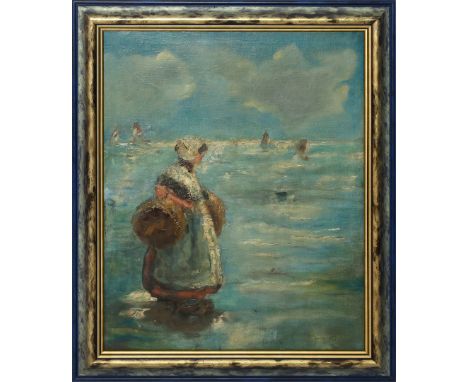 Unbekannter Maler (um 1900) Holländisches Fischermädchen am Strand. Öl/Lwd., re. u. unleserlich sign. Ca. 68,5x 55,5 cm. R.
