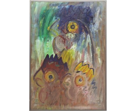 Unbekannter Maler (um 1977) 3 Hühnerköpfe. Öl/Karton, li. u. sign. Marwan oder Marwas und dat. 1977. 100x 70 cm. R.