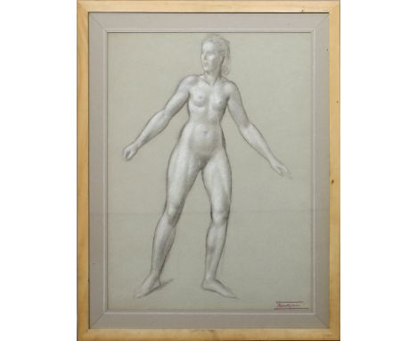 Montagnac, Pierre Paul (1883 St. Denis - Paris 1961) Stehender, weiblicher Akt. Kohlezeichnung mit weißer Kreide auf grauem P