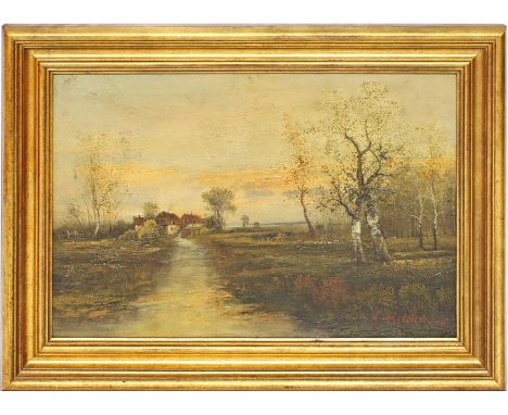 Hildebrand, C. (um 1900) "Abend Landschaft", so auf rückseitigem Etikett betitelt. Öl/Holz (mehrere kleinere Retuschen), re. 