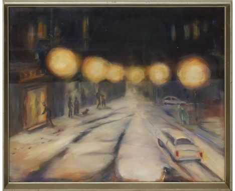 Unbekannter Maler (20. Jh.) Nächtliche Straßenszene. Öl/Papier (Riss). Ca. 51x 60 cm. R.