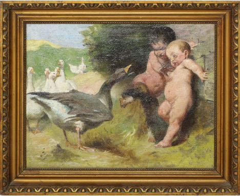 Unbekannter Maler (um 1900) 2 von Gans attackierte, nackte Kleinkinder. Öl/Lwd. Ca. 31x 39 cm. R.