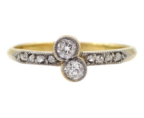 Art Deco 18ct gold milgrain set two stone old diamond crossover ring with rose cut diamond set shouldersCondition Report:Appr