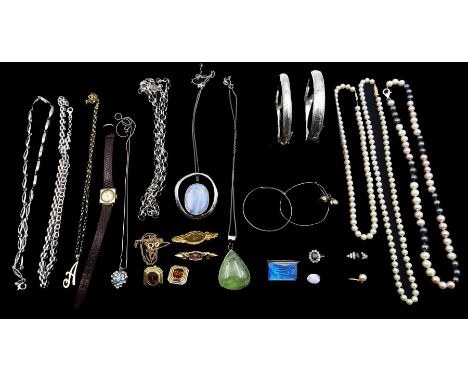 9ct gold jewellery including two diamond brooches, necklace and pearl ring, silver jewellery including bangles and stone set 