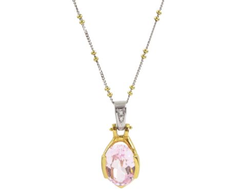 18ct white and yellow gold oval light pink sapphire and diamond pendant necklace, stamped 750, sapphire approx 6.80 caratCond