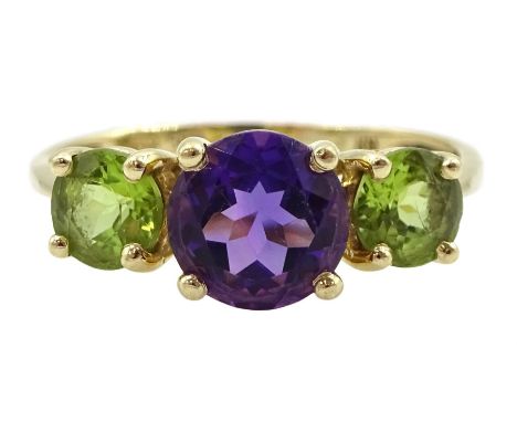 14ct gold three stone amethyst and peridot ring, stamped 585Condition Report:Approx 2.6gm, size R, tested 14ct also, good con