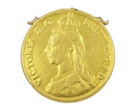 Queen Victoria 1887 gold double sovereign coin, previously mountedCondition Report:Approx 15.3gm, worn