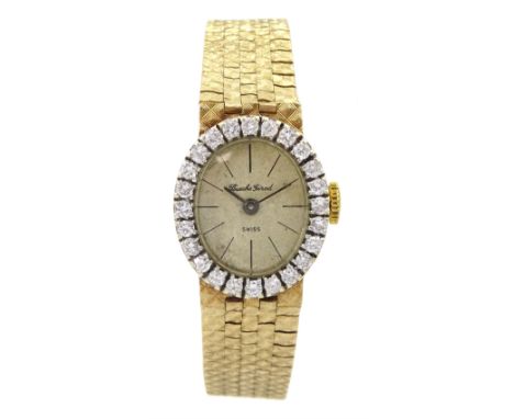 Bueche Girod 9ct gold ladies manual wind bracelet wristwatch, with diamond set bezel, London 1968Condition Report:Approx 24.5