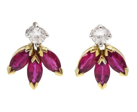 Pair of 18ct white and yellow gold round brilliant cut diamond and marquise cut ruby pendant stud earrings, London 1989, tota