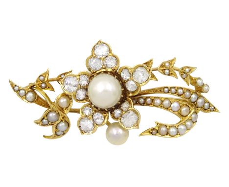 Early 20th century 18ct gold pearl and old cut diamond flower brooch, stamped 18.c, total diamond wight approx 2.60 caratCond