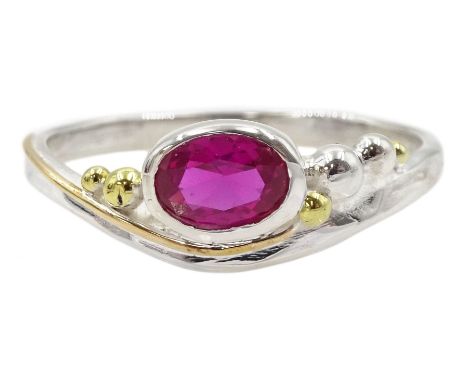 Silver 14ct gold wire oval ruby ring, stamped 925Condition Report:Size Q-R, band depth 7mm, good condition 