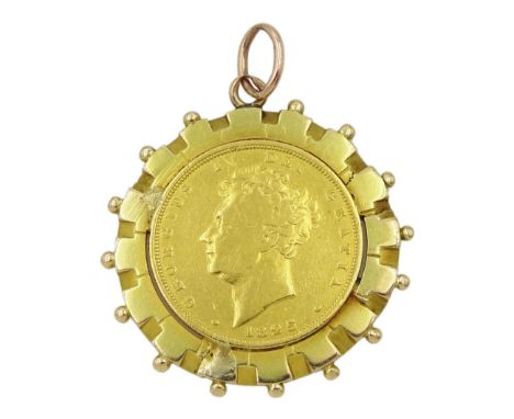 King George IV 1825 gold shield back full sovereign coin soldered into 18ct gold pendantCondition Report: Approx 14.3gm, pend