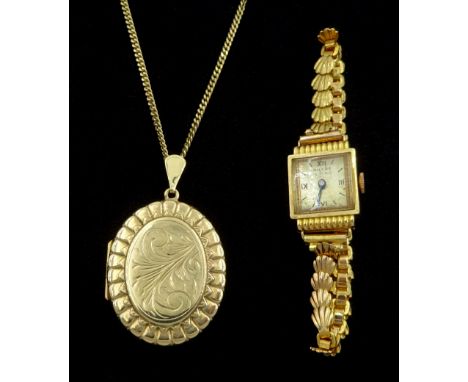9ct gold locket pendant necklace, both hallmarked and an 18ct gold ladies manual wind wristwatch, Helvetia hallmark, on gold-