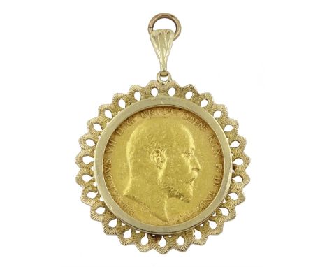 King Edward VII 1903 gold full sovereign coin, loose mounted in 9ct gold pendant, hallmarkedCondition Report:Approx 10.8gm