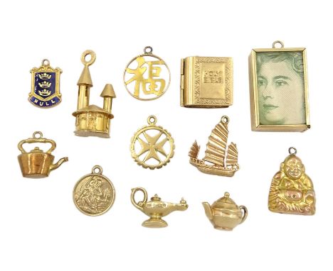 Nine 9ct gold pendant/charms including money box, buddha, lamp, Chinese ship and kettle, two 18ct gold synagogue and Maltese 