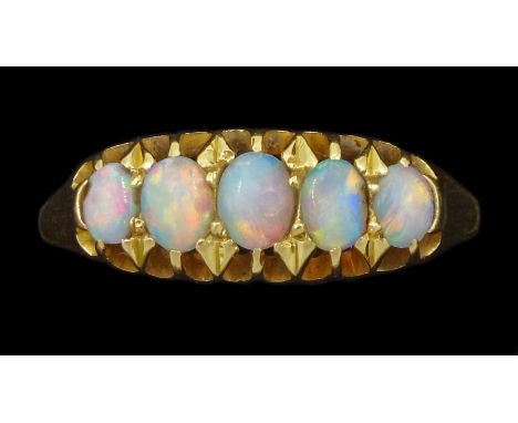 Early 20th century 18ct gold five stone opal ringCondition Report:Approx 1.95gm, testes 18ct, size M-N, max depth = 6mm, opal