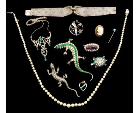 Early 20th century and later silver jewellery including paste turtle brooch, similar lizard brooch, Art Deco milgrain set pas