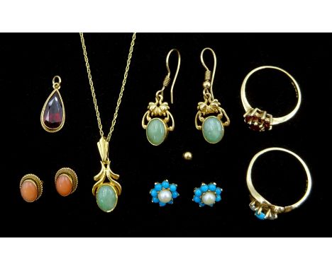 Gold jade pendant earrings and matching necklace, turquoise and pearl ring and similar pair of earrings, pair of coral earrin