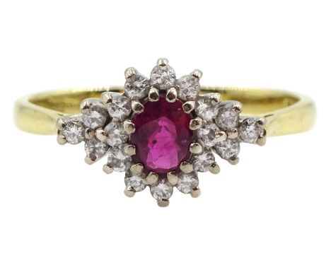 18ct gold oval ruby and round brilliant cut diamond cluster ring, London 1992Condition Report:Approx 3.4gm, size T, overall h