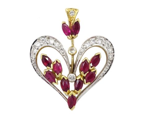 18ct white and yellow gold round brilliant cut diamond and marquise cut ruby heart shaped pendant, London 1983Condition Repor