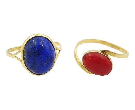 Gold lapis lazuli ring and a gold coral ring, both 18ctCondition Report:Approx 3.55gm, both tested 18ct, both approx size P, 