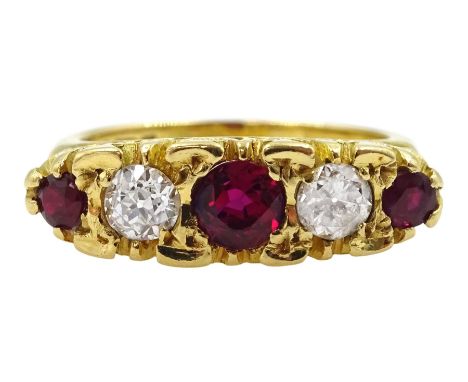 18ct gold five stone round ruby and old cut diamond ring, London 1976, total diamond weight approx 0.45 carat, total ruby wei