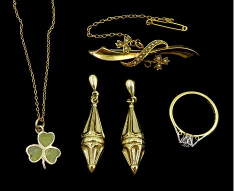 Gold shamrock pendant necklace, pair of gold Victorian style pendant stud earrings and a gold seed pearl bar brooch, all 9ct 