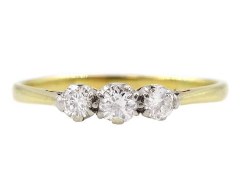 18ct gold three stone round brilliant cut diamond ring, total diamond weight approx 0.20 caratCondition Report:Approx 1.8gm, 