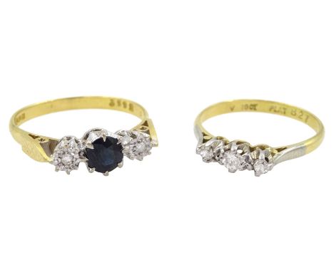 18ct gold three stone round sapphire and illusion set diamond ring, Birmingham 1973 and an 18ct gold three stone diamond ring