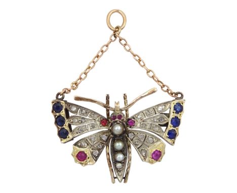 Edwardian silver and gold sapphire, diamond, ruby, pearl and paste stone set butterfly broochCondition Report:Approx 10.1gm, 