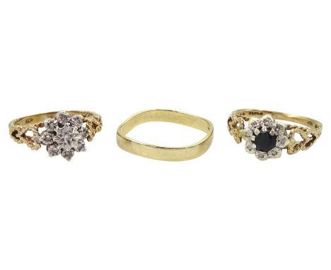 Gold diamond chip flower head cluster ring, one similar stone set ring and a gold wedding ring, all hallmarked 9ctCondition R