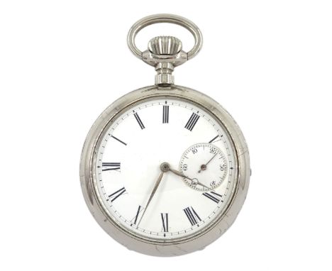 Early 20th century nickle open face keyless minute repeating pocket watch, white enamel dial with Roman numerals and subsidia