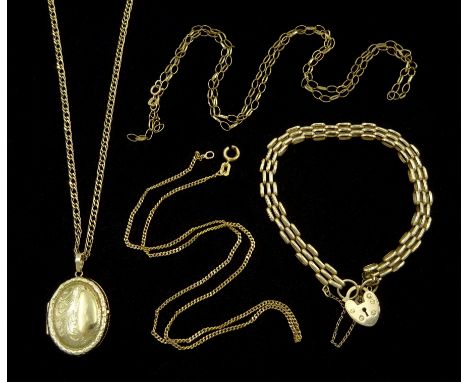 9ct gold jewellery including gate bracelet, locket pendant necklace and two chains, all hallmarkedCondition Report:Approx 18g