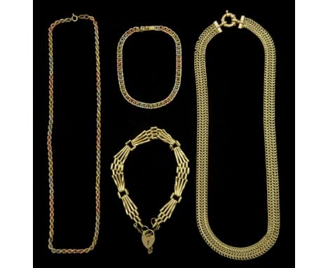 9ct gold jewellery including gate bracelet, tri-coloured necklace and bracelet and one other fancy flat link necklaceConditio