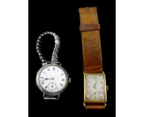 Early-mid 20th century 18ct gold rectangular manual wind wristwatch, stamped 18K, with Helvetia hallmark, on brown leather st