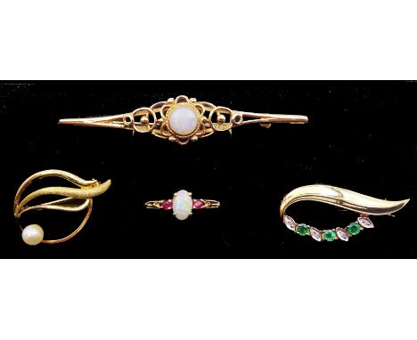 Gold three stone opal and ruby ring and three gold stone set brooches including opal, pearl and emerald and diamond chip, all