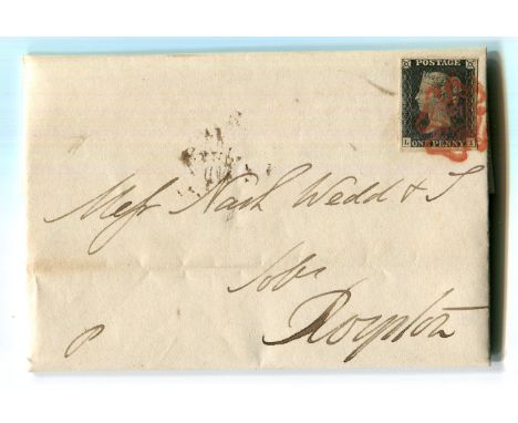 A June 30th 1840 entire with fine four margin 1d black plate 1B stamp cancelled with red Maltese Cross from London to Royston