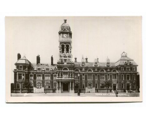 A collection of 40 postcards of East Sussex, including photographic postcards titled 'Town Hall, Eastbourne', 'Redoubt Bowlin