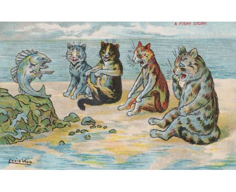 A collection of 32 postcards by Louis Wain, the majority featuring anthropomorphic cats, including postcards published by Val