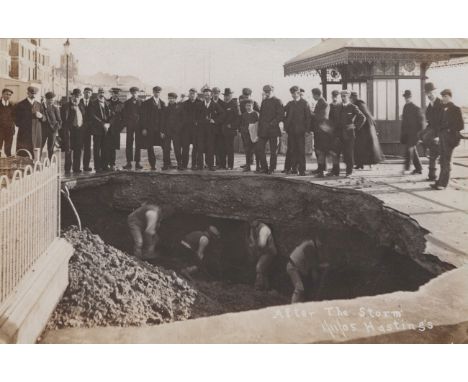 A collection of 17 postcards showing storms and storm damage, including photographic postcards titled 'After The Storm Hastin