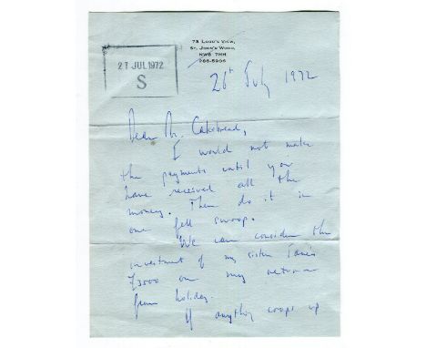 AUTOGRAPH. An autograph letter signed (a.l.s.) by Lord Lucan on 73 Lord's View headed paper dated 26th July 1972, regarding p