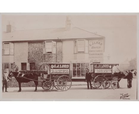 SOUTHWICK. A photographic postcard of G.J. Lord Bakery shopfront and horses and carts in Southwick, published by H.W. Tubb of