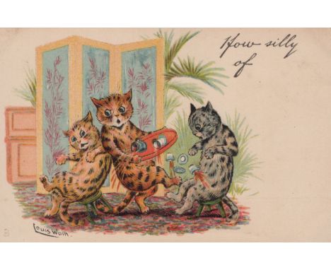 A collection of 33 postcards by Louis Wain, the majority featuring anthropomorphic cats, including postcards published by Rap