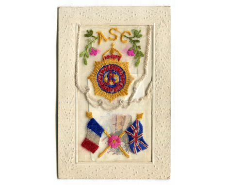A collection of 14 embroidered silk greetings cards, including one with a military crest.Buyer’s Premium 29.4% (including VAT