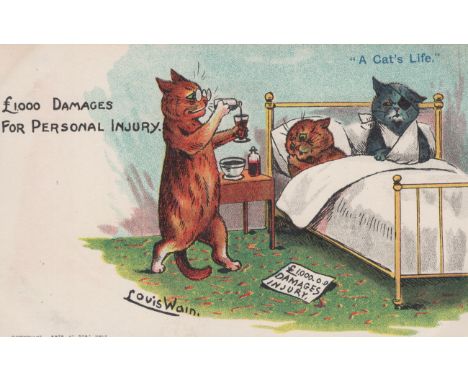 A collection of 32 postcards by Louis Wain, the majority featuring anthropomorphic cats, including postcards published by Rap