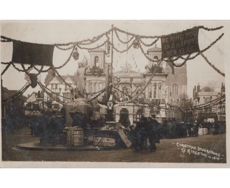 A collection of 32 postcards of Kingston-on-Thames, including photographic postcards titled 'Christmas Decorations at Kingsto